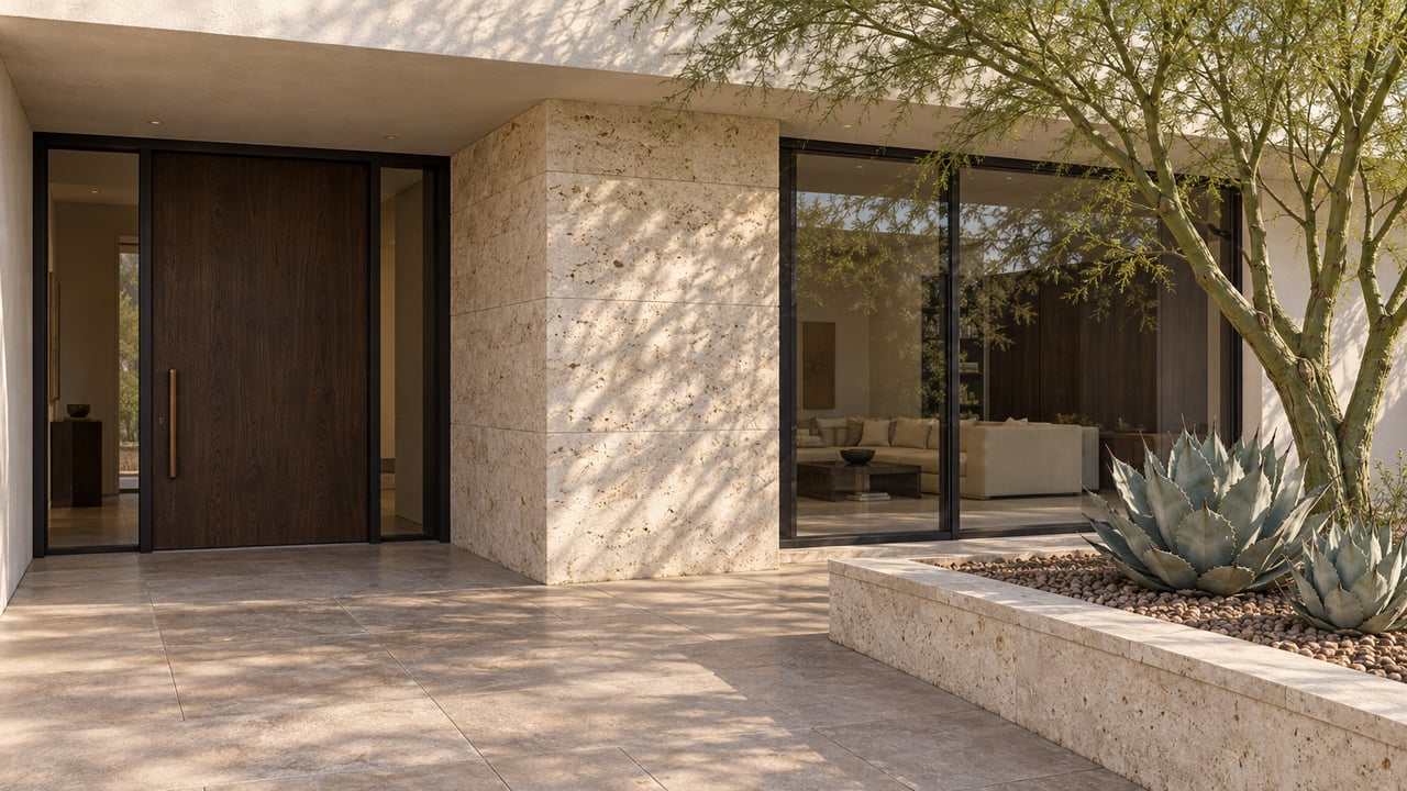 Sunlit limestone and pale stucco frame a recessed wood entry beside steel-framed glazing and a raised desert planting bed.