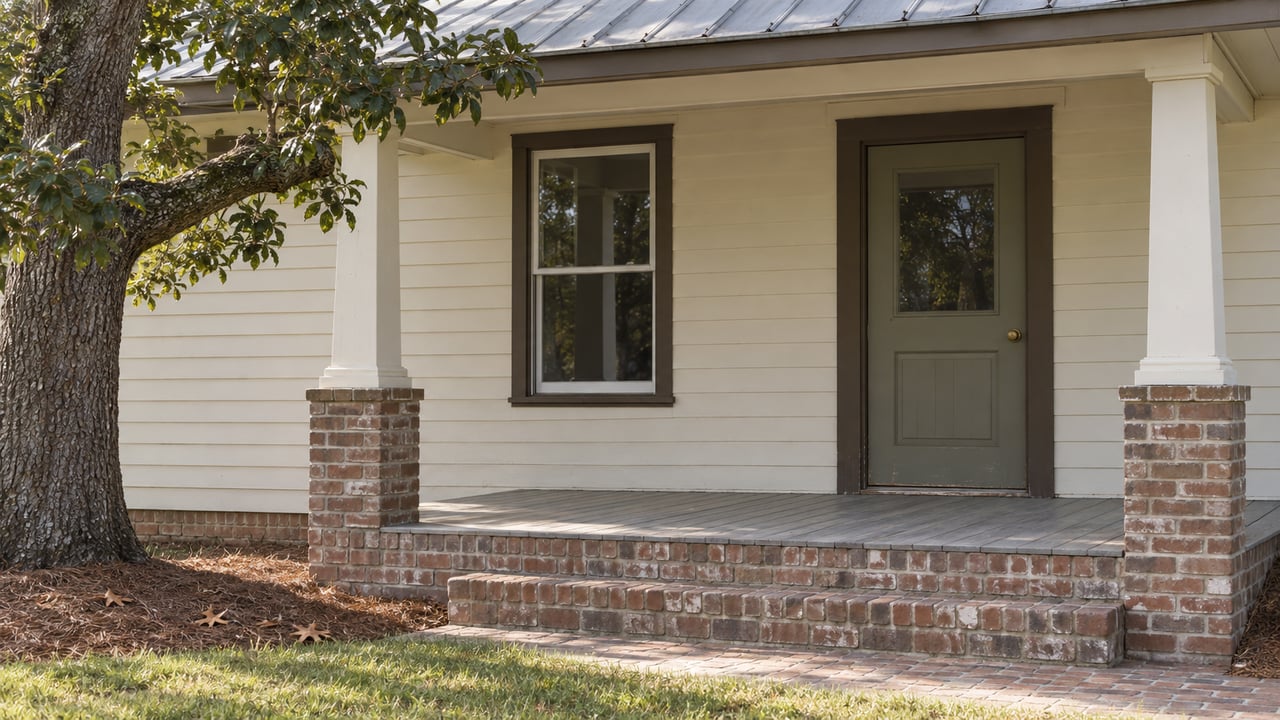 Cream-sided bungalow porch with two square timber posts, weathered brick steps, a dark entry door and a live oak beside the lawn.