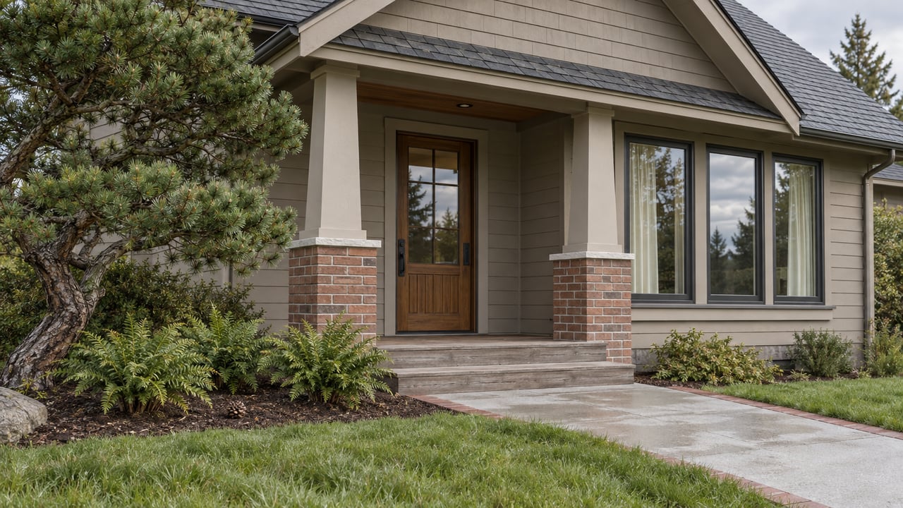 Covered home entry with sand-colored cedar siding, brick porch piers, damp concrete approach and sculptural pine planting.