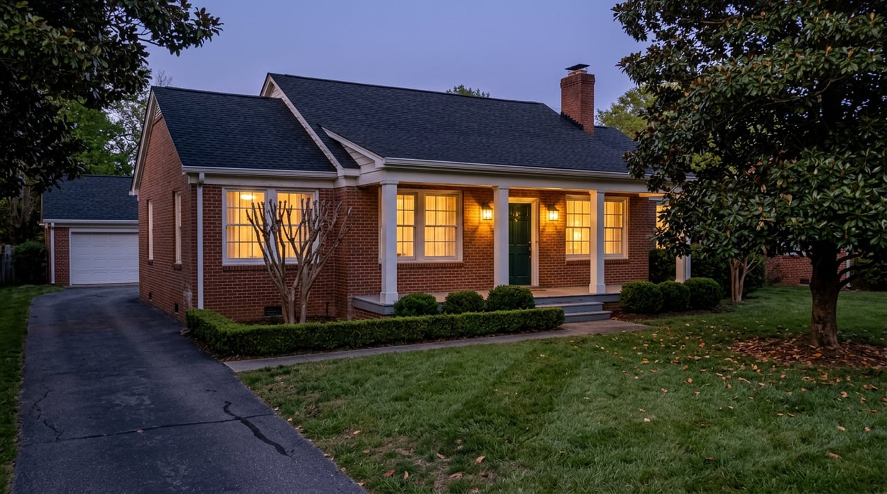 Brick house with a green front door, glowing windows, and magnolia tree at dusk.