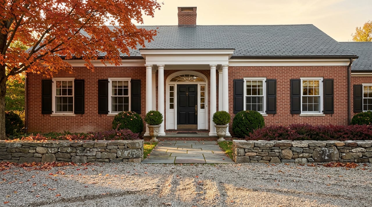 Brick colonial home with white-columned portico, gravel court, and orange-red maple canopy.