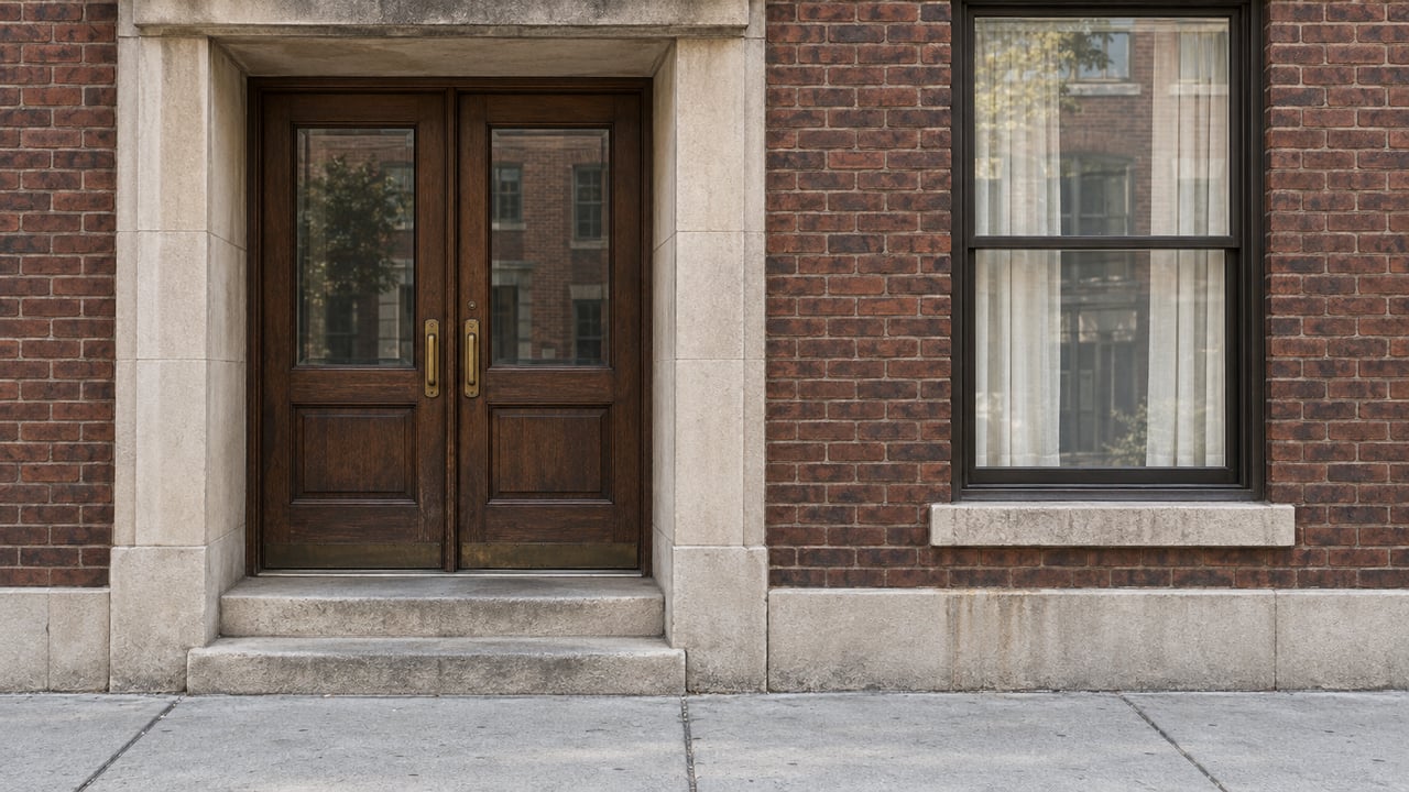 Russet brick apartment facade with a worn limestone entrance surround, closed glazed oak double doors, and a tall curtained window above a gray sidewalk.
