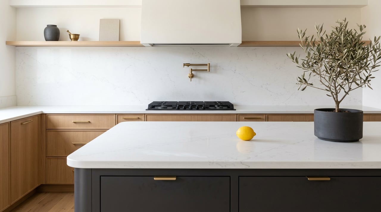 Kitchen island with a lemon and potted olive, facing oak cabinets and a black cooktop.