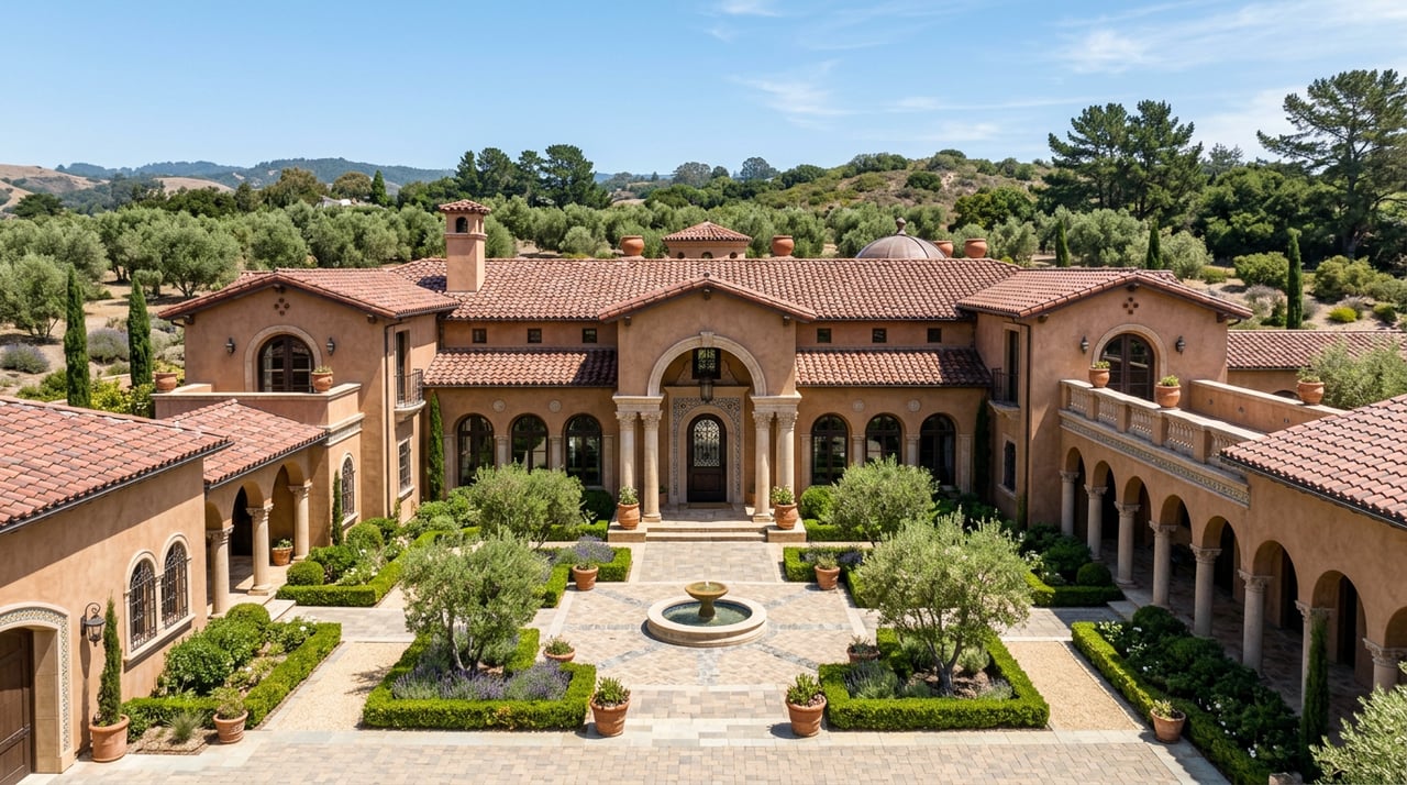 Mediterranean Revival estate with a symmetrical stucco facade, broad stone entry court, and open mown grounds.