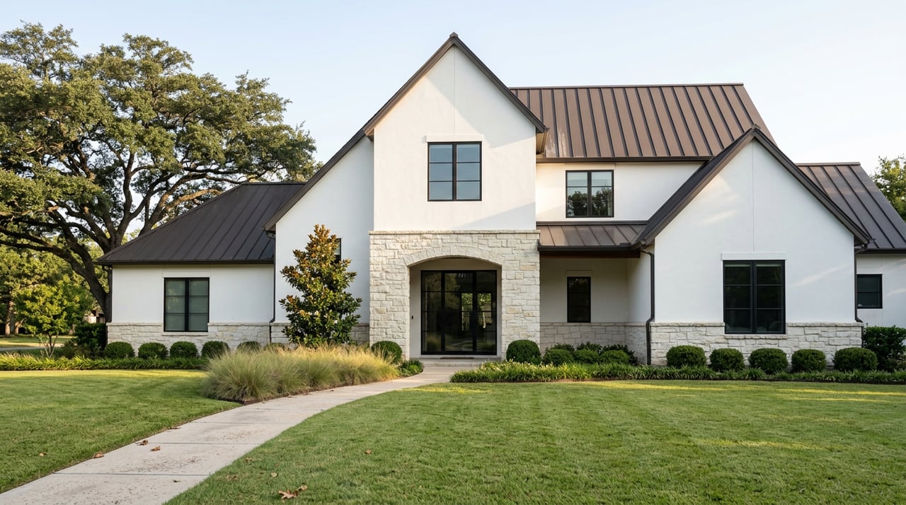 Two-story white stucco and limestone home with black-framed windows, a dark metal roof, and a curving paver path across the lawn.