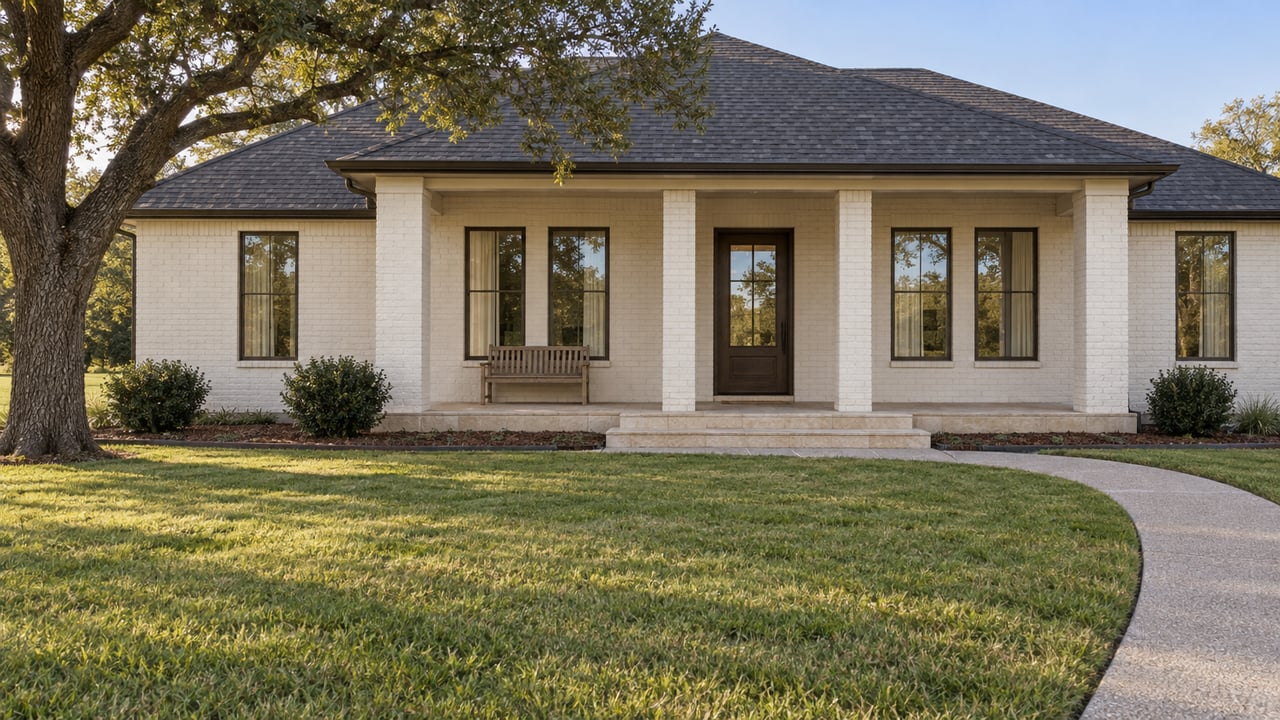 White painted-brick home with a shaded limestone porch, deep front lawn, and a spreading live oak in late-afternoon light.
