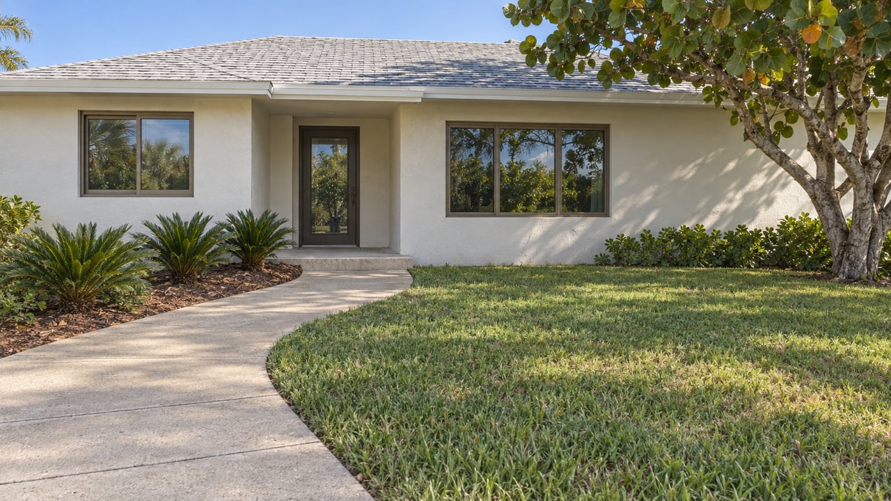 Sunlit ivory stucco ranch with bronze-framed windows, a curved concrete approach and a mature sea grape tree beside the front lawn.