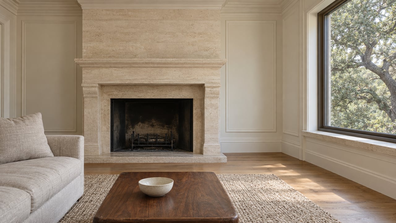 Limestone fireplace and linen seating in a bright sitting room, with oak flooring and a live oak canopy visible through a closed window.