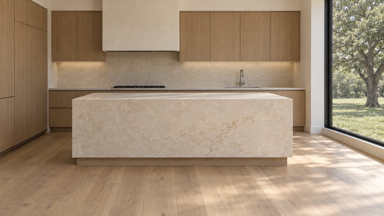 Pale limestone kitchen island with oak cabinetry, oak plank flooring, and a black-framed picture window.