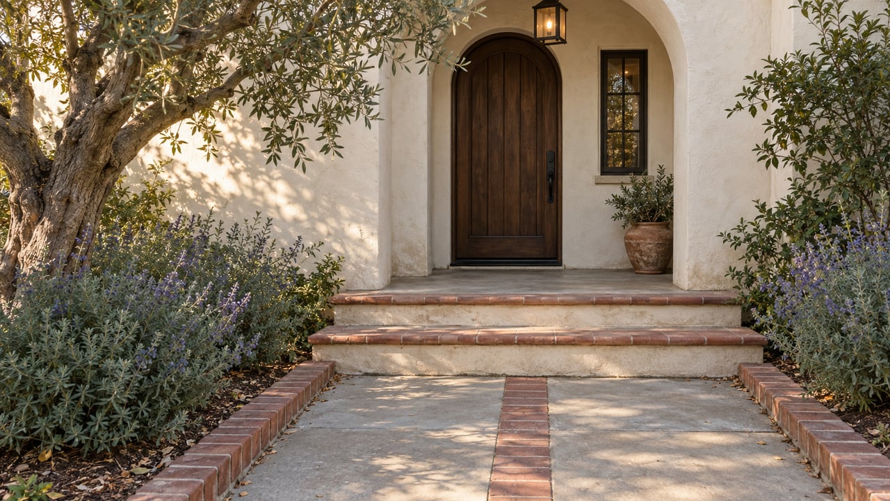 Arched stucco entry with a walnut door, terracotta-edged steps, brick-inlaid path, and olive tree.