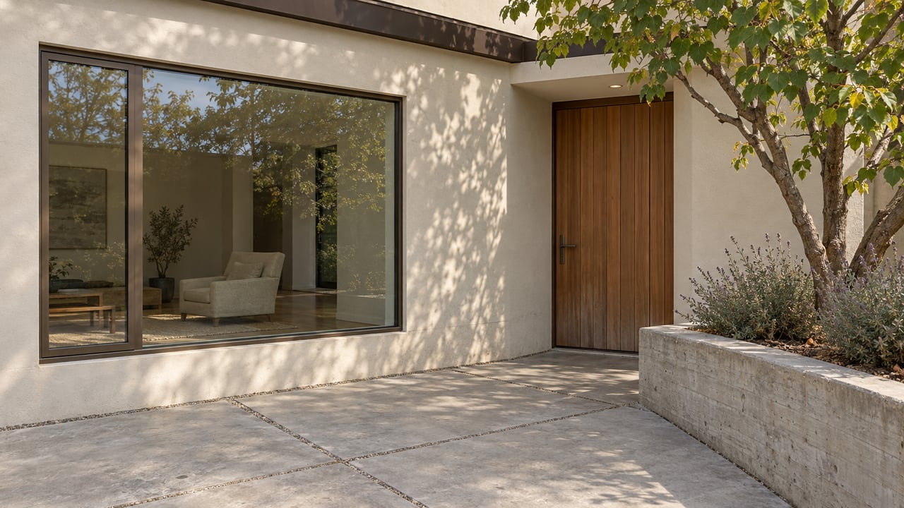 Sunlit stucco home with cedar entry, bronze-framed window and a raised concrete bed planted with a branching tree and gray-green shrubs.