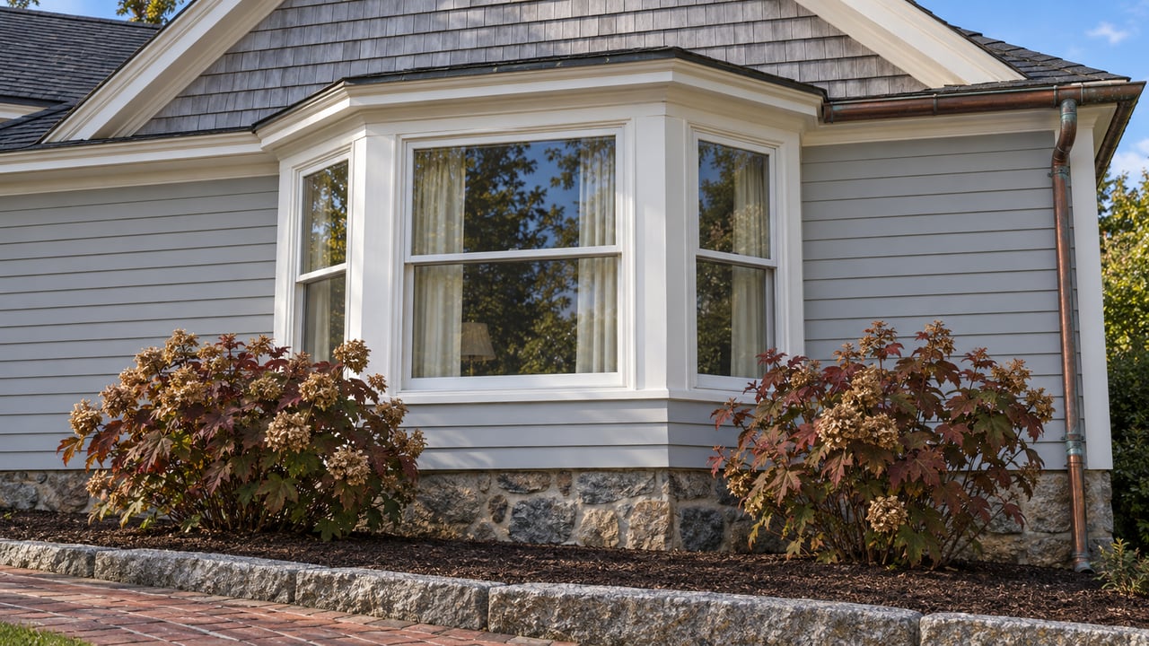 Pale gray clapboard home with a white-trimmed bay window, cedar-shingled gable and autumn oakleaf hydrangeas beside a brick garden path.