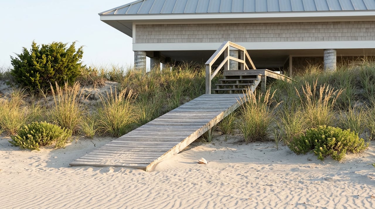 Weathered wooden ramp climbs through dune grasses to an elevated cedar-shingle cottage above rippled sand.