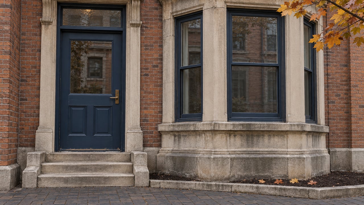 Russet brick home entry with a deep blue door, weathered limestone steps and bay windows beneath an amber sugar maple branch.