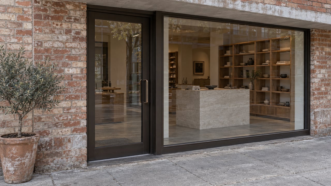 Brick storefront with a recessed glass door, broad display window, and potted olive tree.
