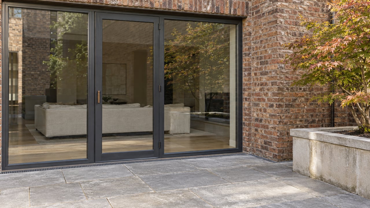 A brick loft residence opens onto a limestone terrace through closed steel-framed glass doors, beside a raised planter holding a Japanese maple.