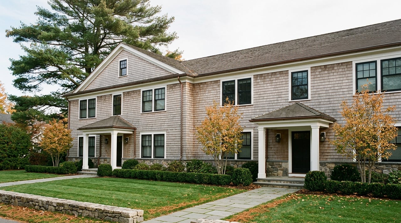 Three-story gray-brown shingle residence with white porches, fieldstone base, broad lawn, and a large pine at left.