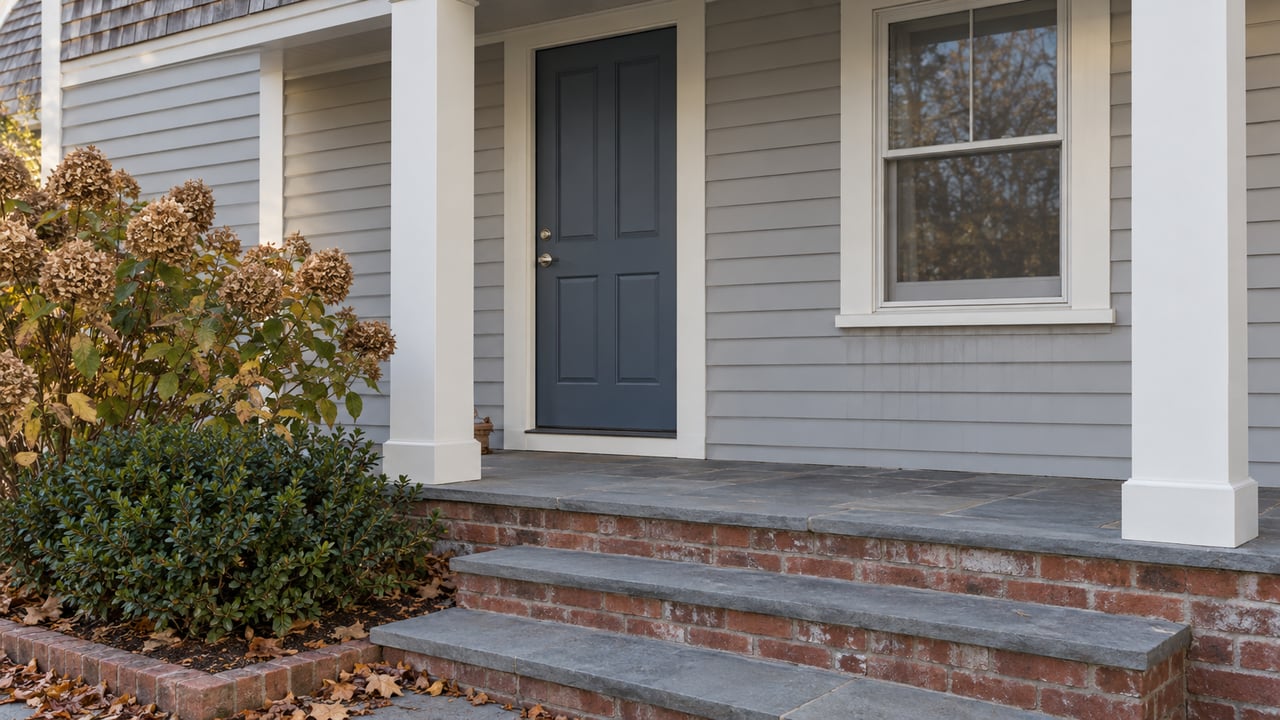 Front porch with a slate-blue door, gray clapboard siding, brick steps, and dried hydrangea.