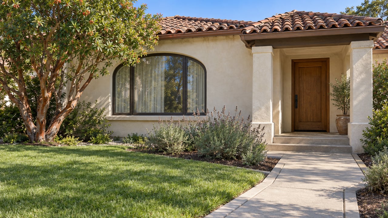 Ivory stucco home with a clay tile roof, arched window, sheltered oak entry and a carefully planted front garden.