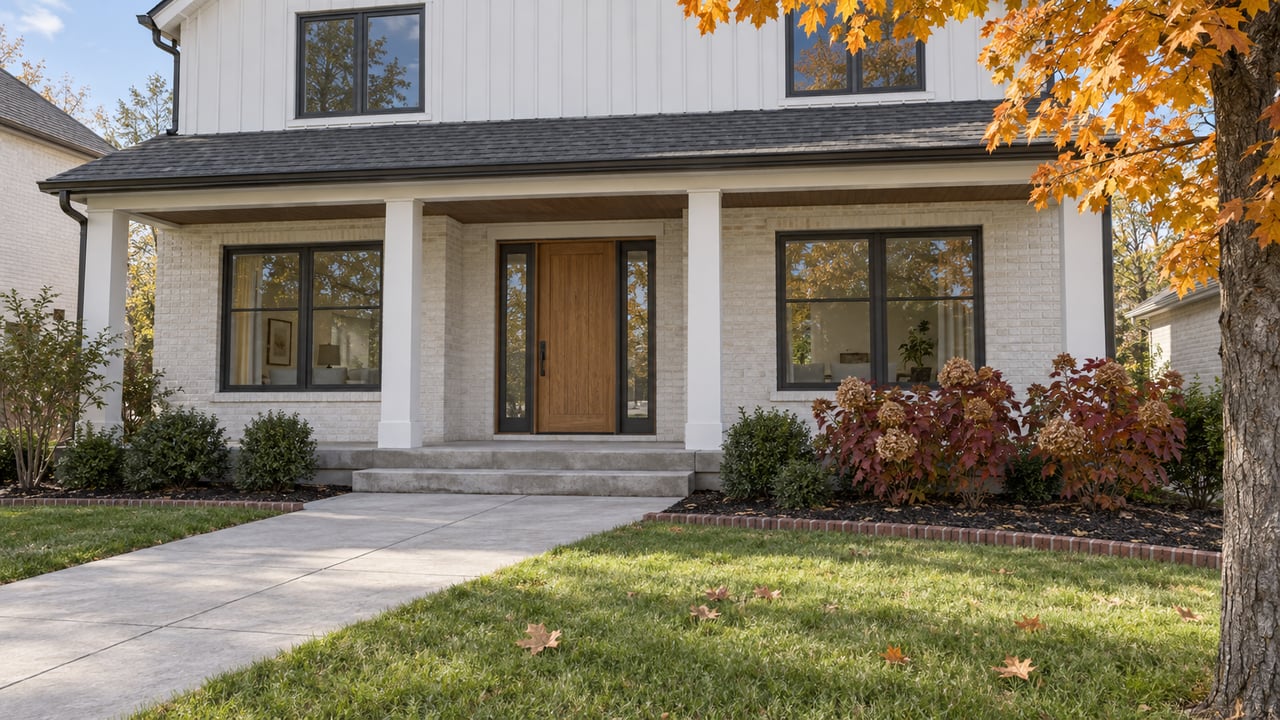 Warm white brick home with a sheltered oak entry, charcoal window frames and a maple turning orange beside the front garden.