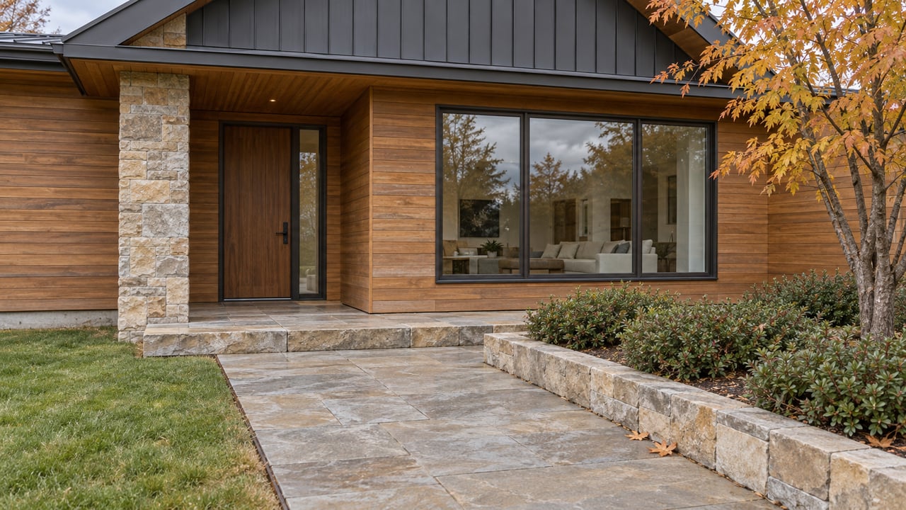 Cedar-and-sandstone home entrance beside a broad bronze-framed window, with an autumn maple and stone-bordered planting bed.