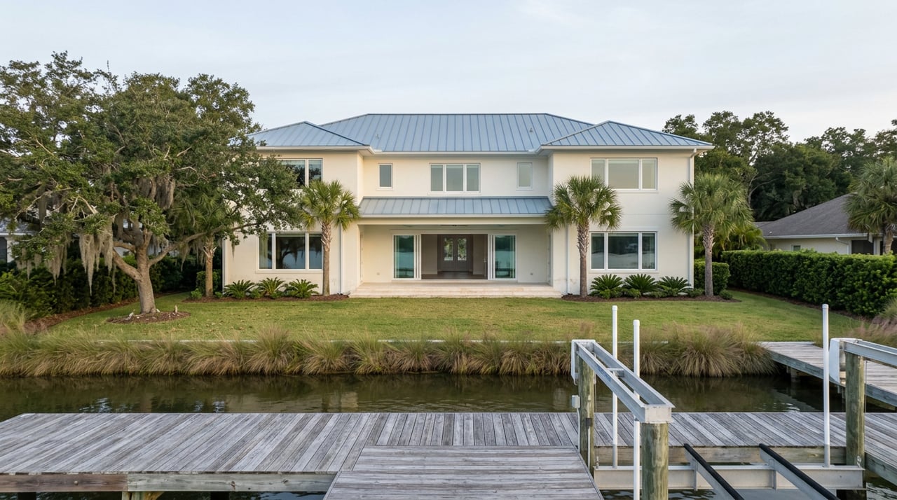 Two-story ivory home with covered loggia beyond lawn, palms, oak canopy, and rippled water.