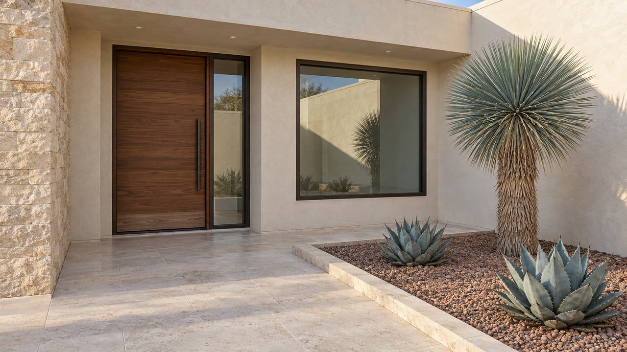 Sunlit stucco entry courtyard with a walnut front door, limestone paving, a sculptural yucca and two agaves.