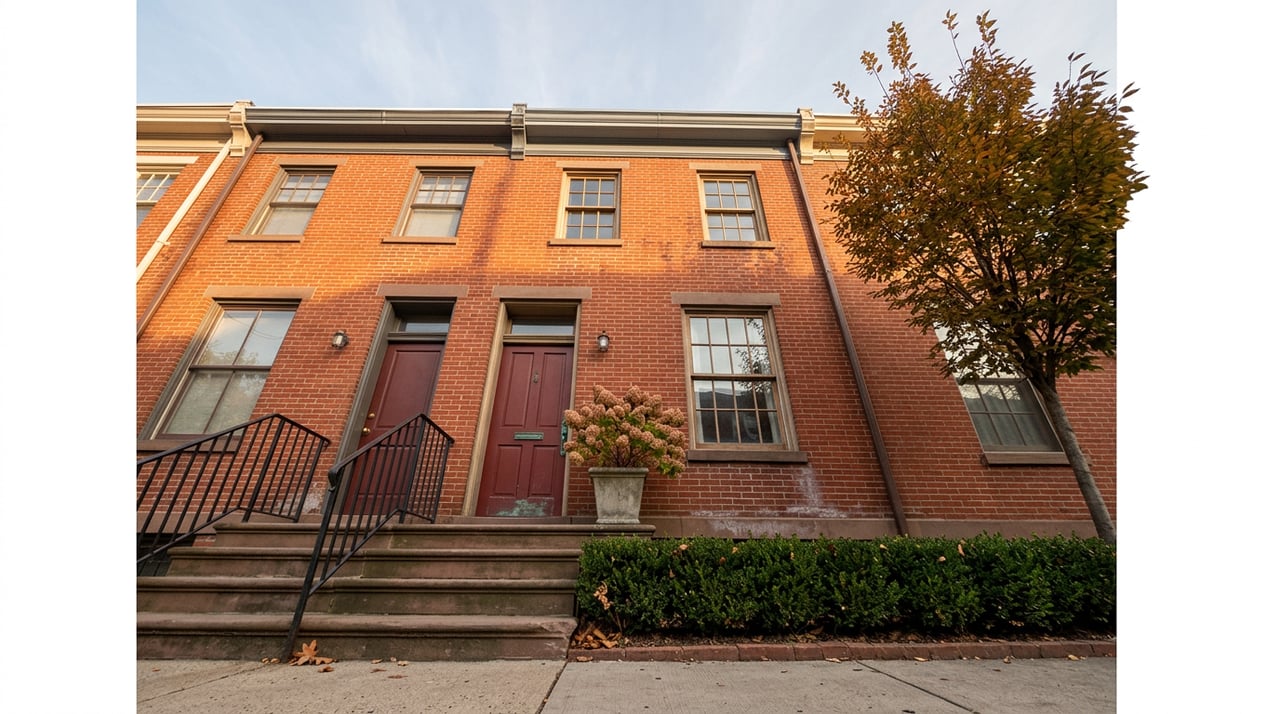 Three-story red-brick rowhouse with an oxblood door, stone stoop, and bronze-gold street tree.