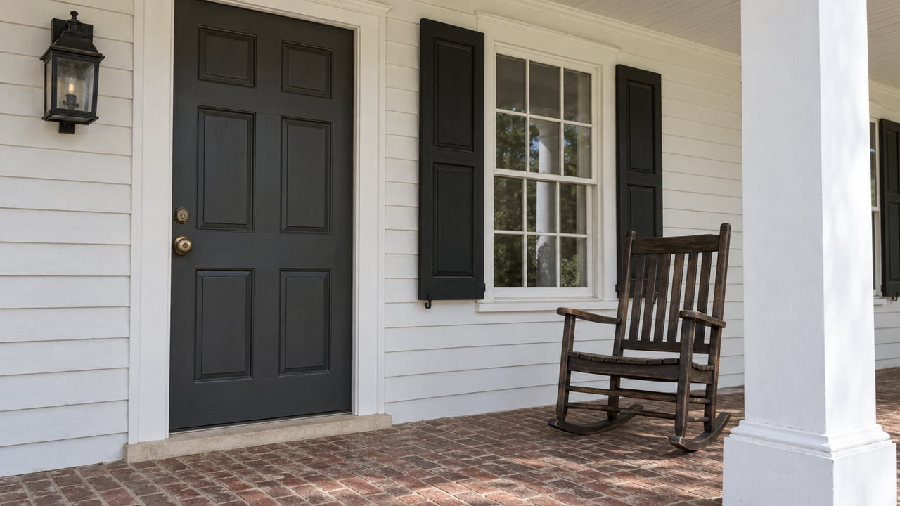 A charcoal front door, gridded window and oak rocking chair on a white clapboard porch with worn brick paving.
