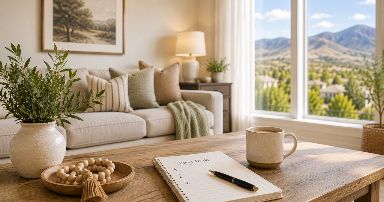 Bright staged living room with a "Things to do" checklist before listing a home for sale.