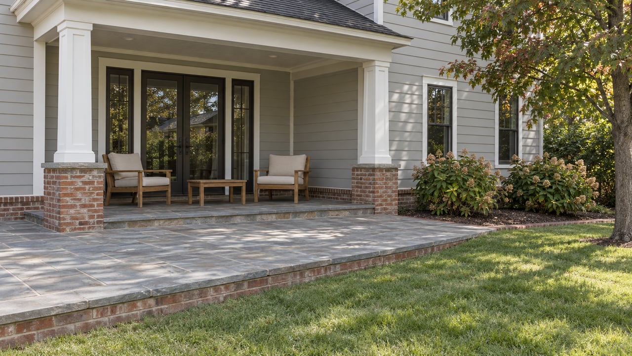 Gray lap-sided home with a brick foundation, covered rear porch, bluestone terrace and an established lawn.