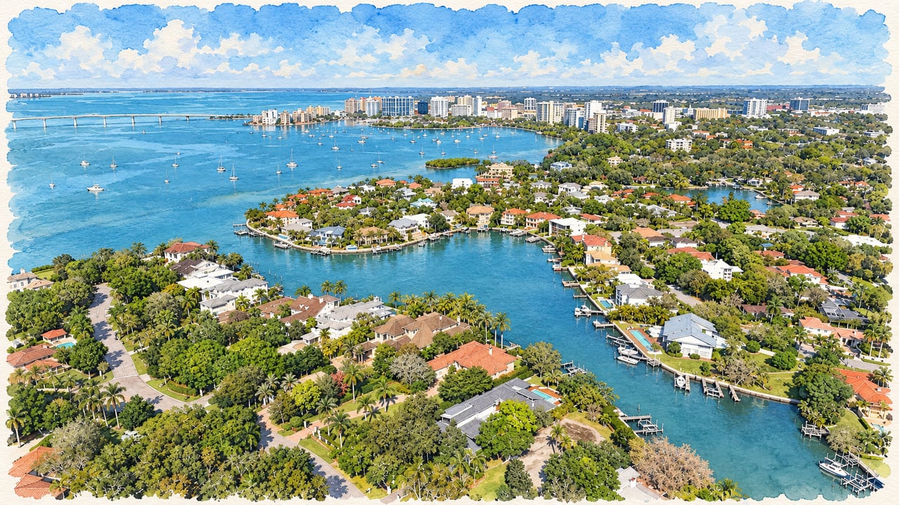 Aerial view of Harbor Acres waterfront homes and canals, with boat docks and the distant Sarasota skyline.