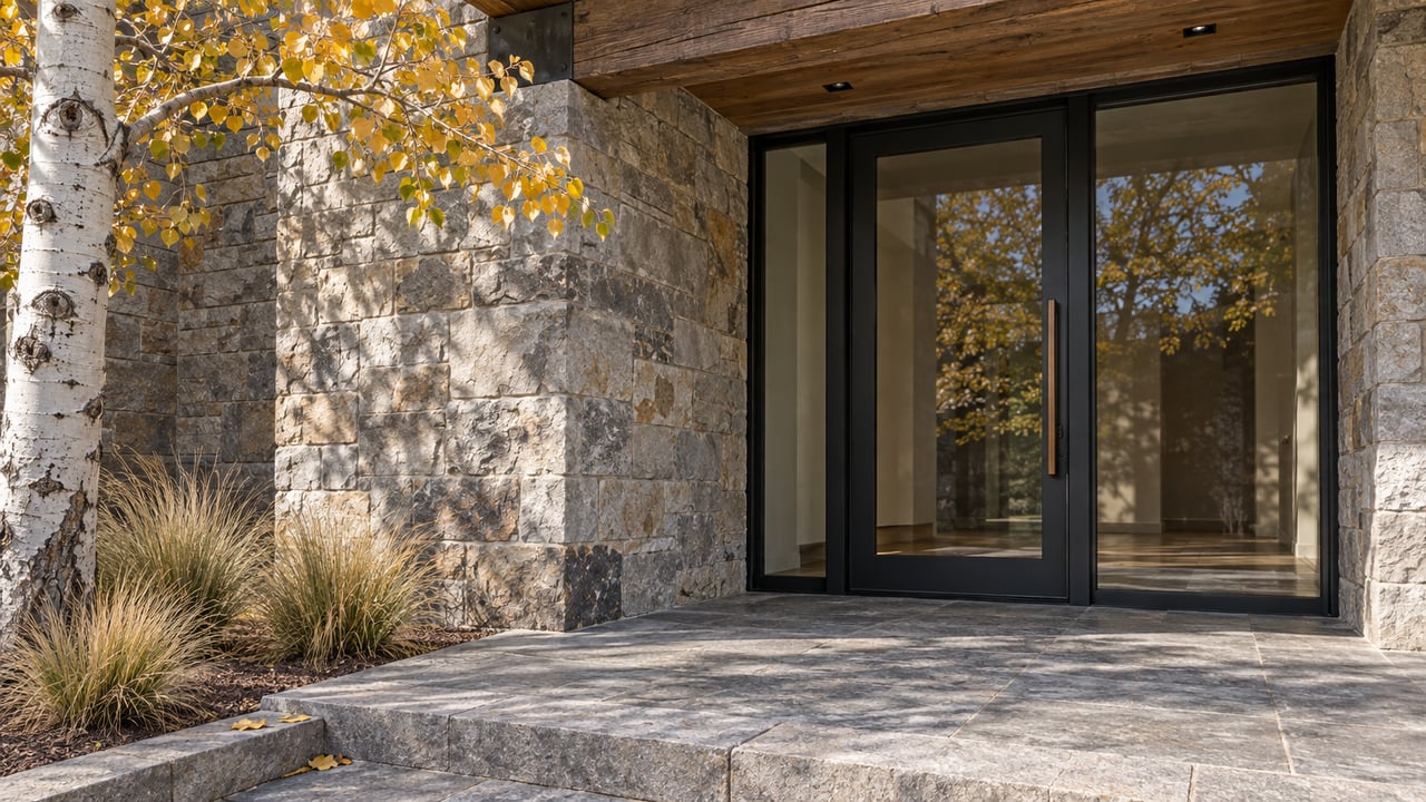 Autumn light on a stone and reclaimed-timber home entrance with a closed glass door, golden aspen leaves and a raised stone landing.