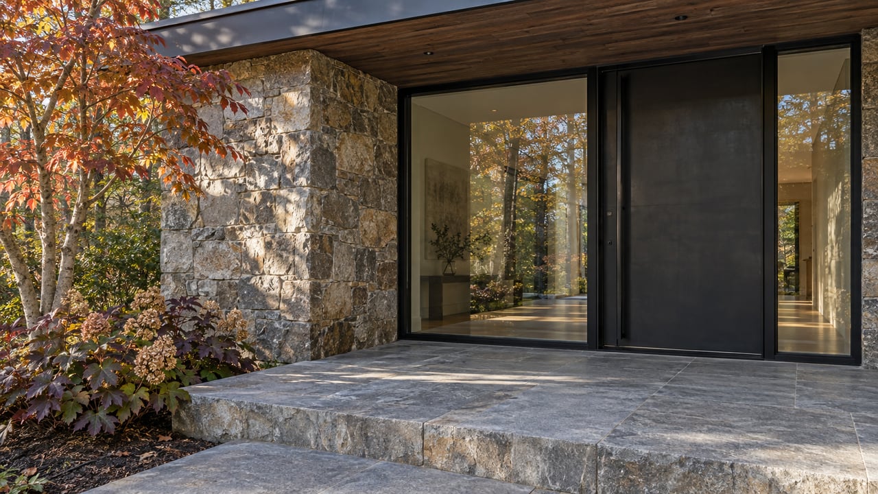 Covered home entry with a gray-brown stone pier, black-framed glass door, broad stone landing and red autumn sourwood leaves.