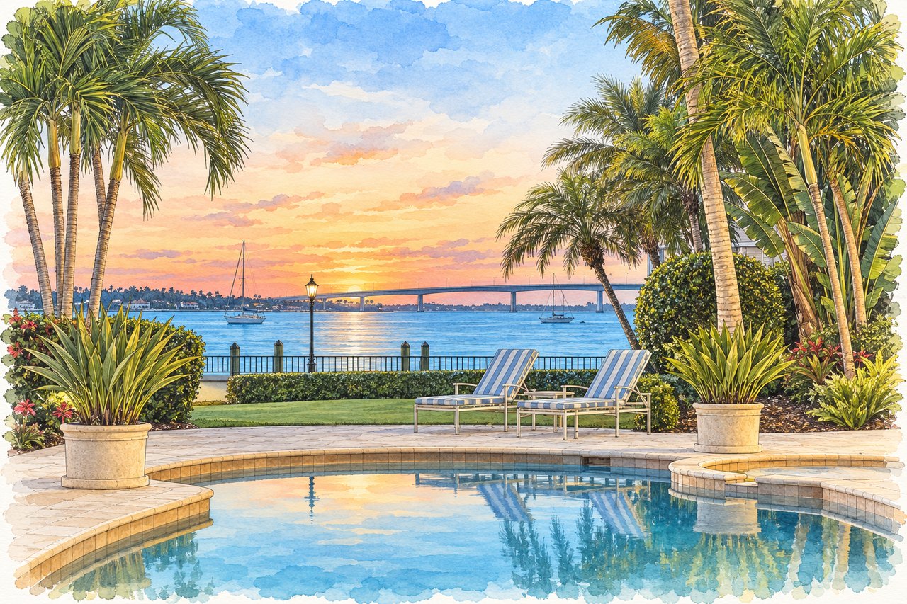 Waterfront pool framed by palms, with lounge chairs, sailboats, and a bridge at sunset.
