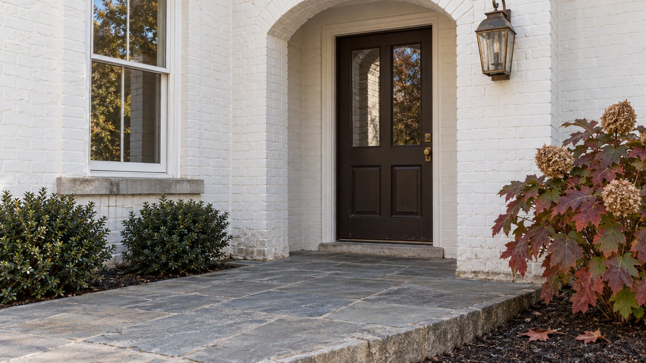 White-painted brick arched entrance with a dark glazed door, worn flagstone landing, and wine-red oakleaf hydrangea.