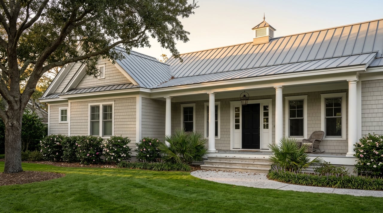 Coastal estate with a standing-seam metal roof, white-columned veranda, and curving walkway across a deep lawn.