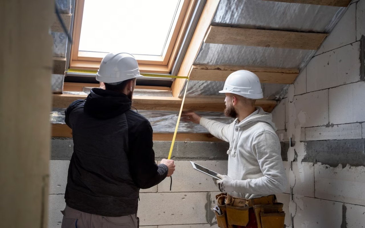 Two hard-hat workers inspect exposed framing in an unfinished attic.