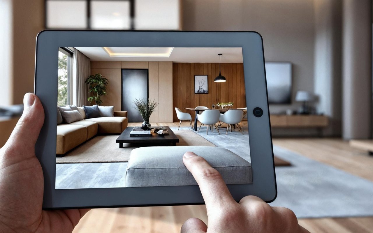 Tablet displaying a virtually staged living room with a tan sofa and dining area.