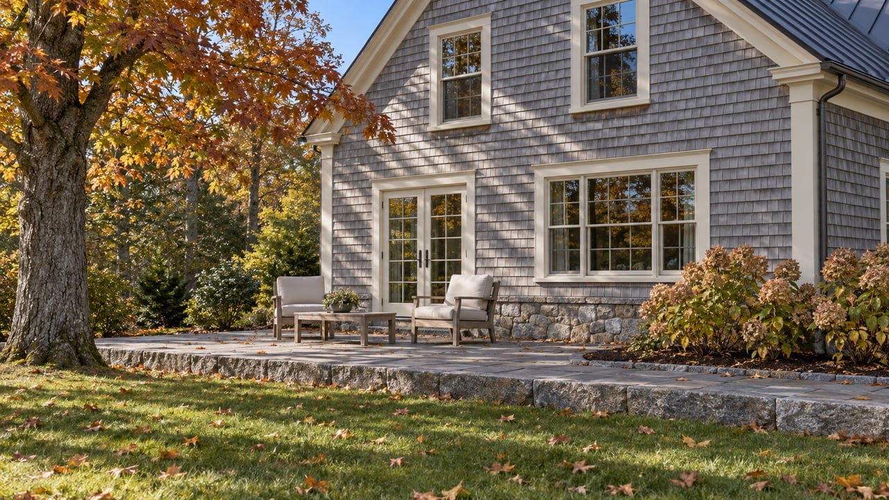 Cedar-shingled home with cream window trim and a raised granite terrace beneath an amber sugar maple, with fallen leaves on the lawn.