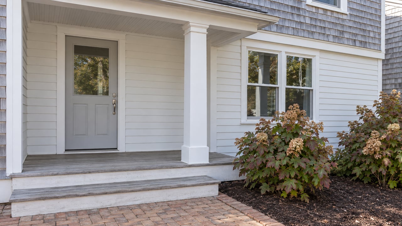 Gray-shingled and white-clapboard house entrance with a covered porch, broad wooden steps, brick approach, and autumn oakleaf hydrangeas.