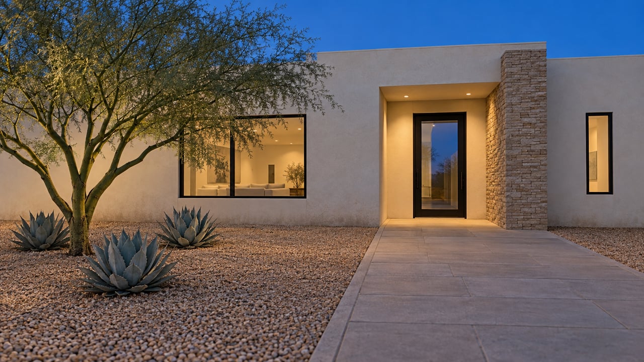 Ivory stucco home at blue hour with a recessed illuminated entry, taupe stone pier, broad paver approach, palo verde tree and three sculptural agaves.