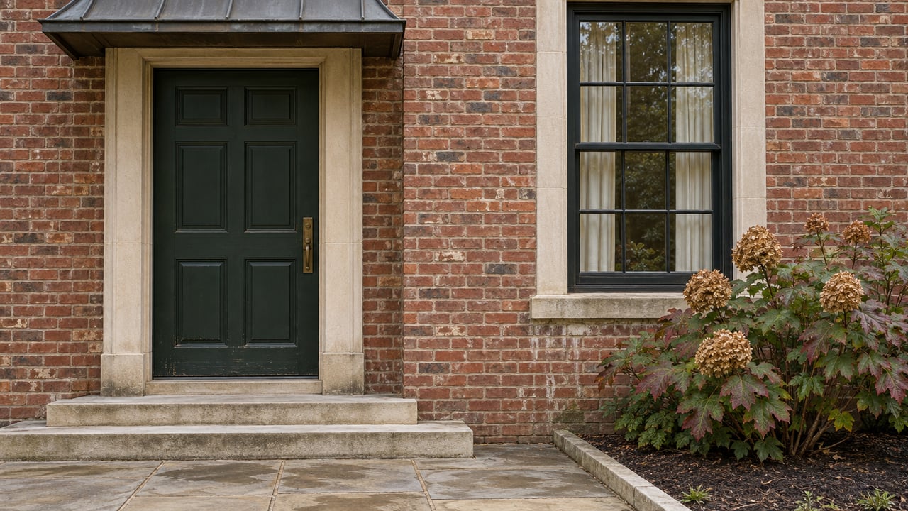 Brick home entrance with a dark green paneled door, limestone steps, divided-light window and oakleaf hydrangea.