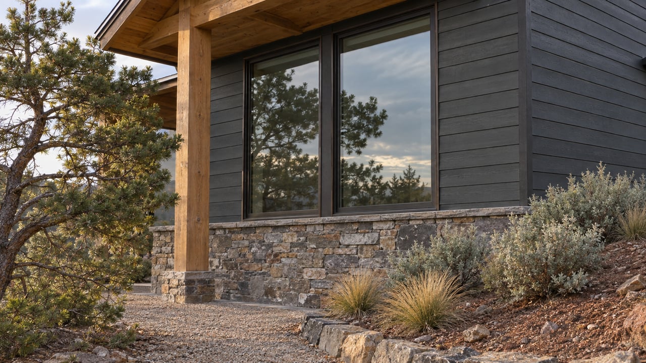 Modern cedar-and-charcoal home with tall glazing, a stacked-stone foundation, and autumn grasses on a rocky slope.