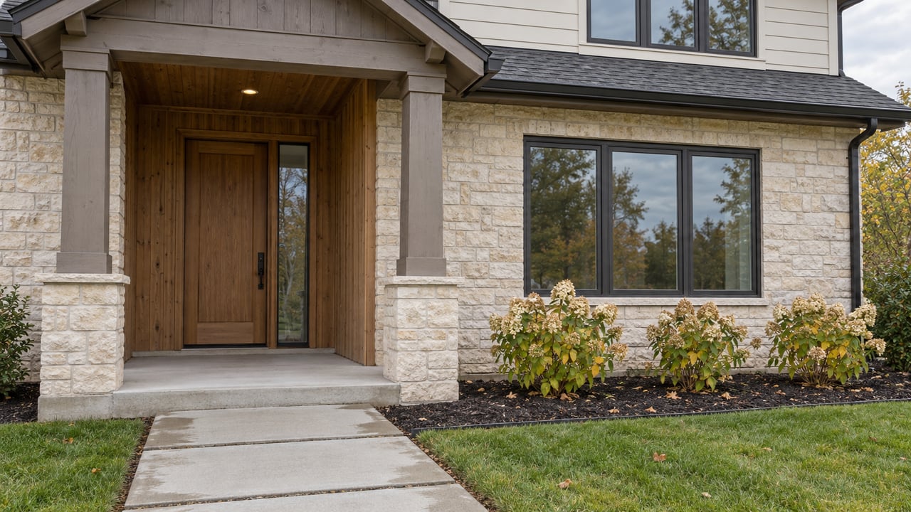 Covered entry of a newer two-story home with pale limestone, warm wood cladding, dark-framed windows, and autumn hydrangeas beside the concrete approach.