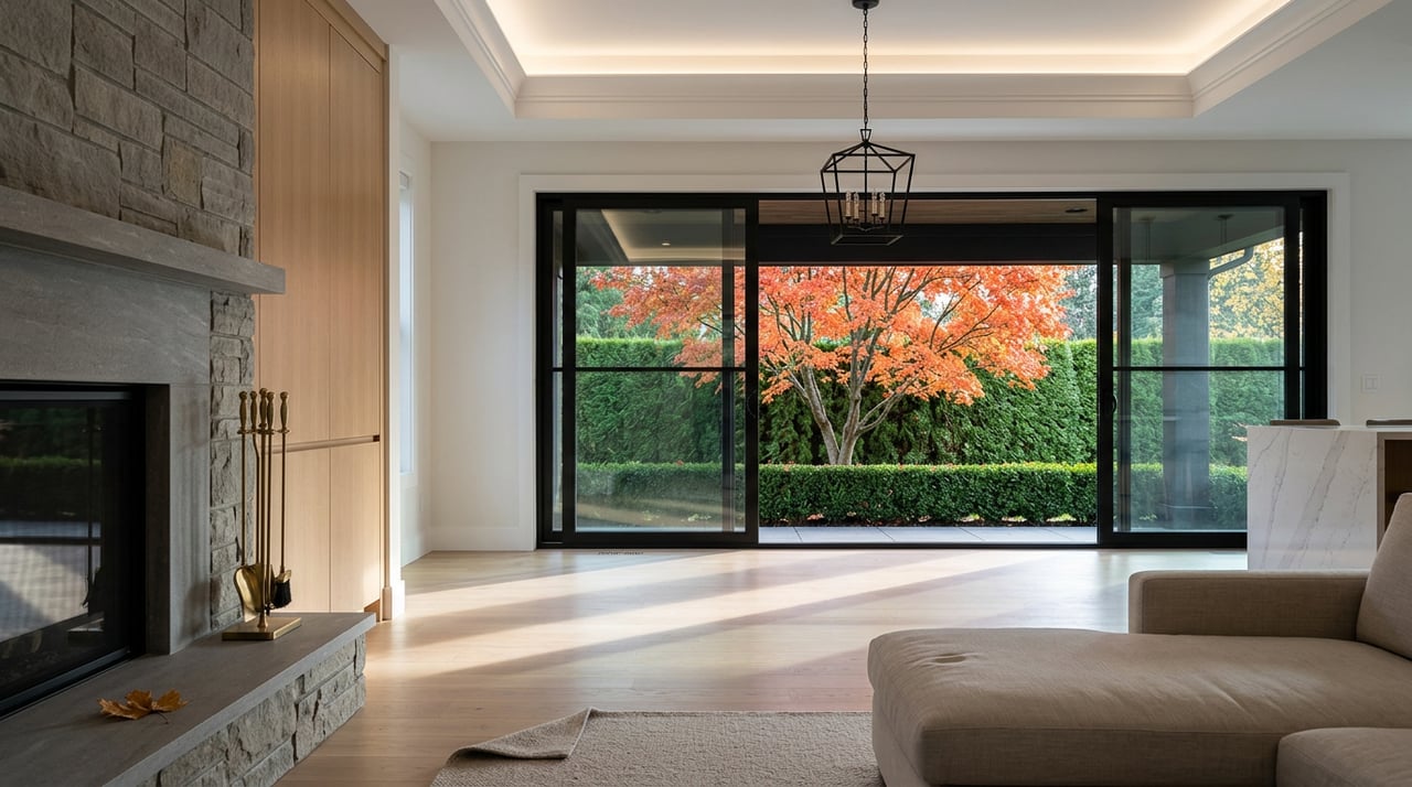 Great room with a gray stone fireplace, black-mullioned glass doors, and an orange-red maple beyond the patio.