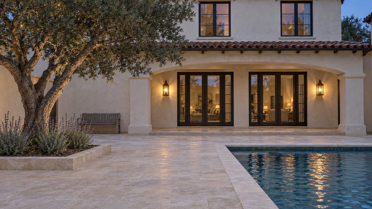 Blue-hour courtyard with an arched stucco porch, limestone pool terrace, warm lanterns and a mature oak.