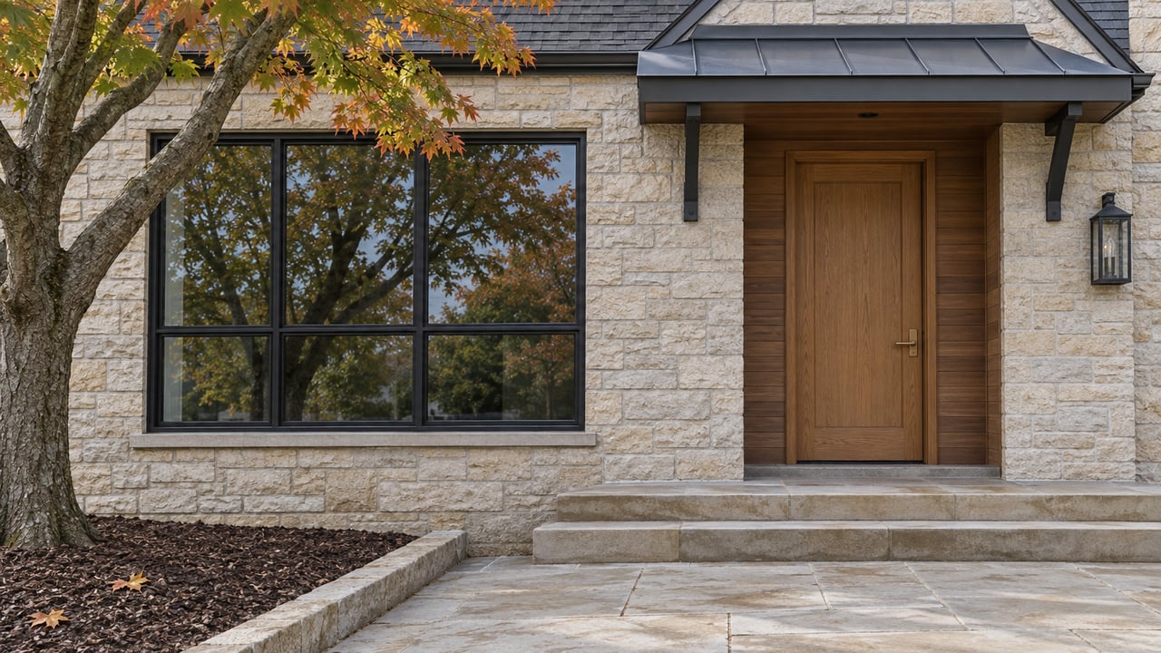 Close view of a pale limestone house with a black-grid window, sheltered oak front door, sandstone steps and copper-colored maple leaves.