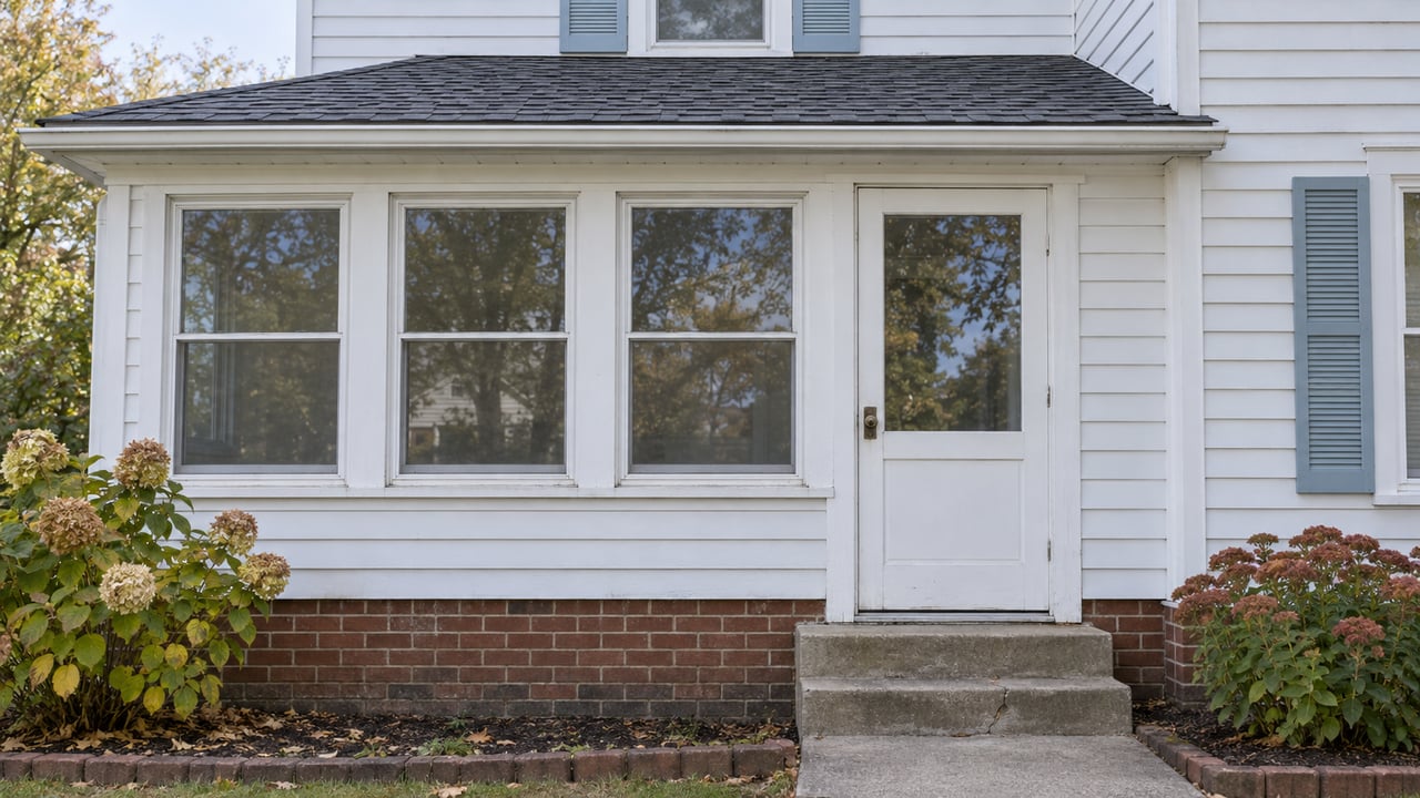 White wood-sided home with a glazed enclosed porch, pale-blue shutters, brick foundation, and worn concrete entry steps.