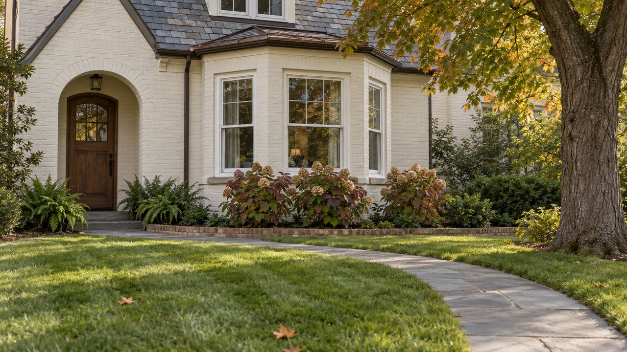 Painted-brick home with a slate gable, white bay windows, arched walnut entry and an autumn garden beside a bluestone approach.